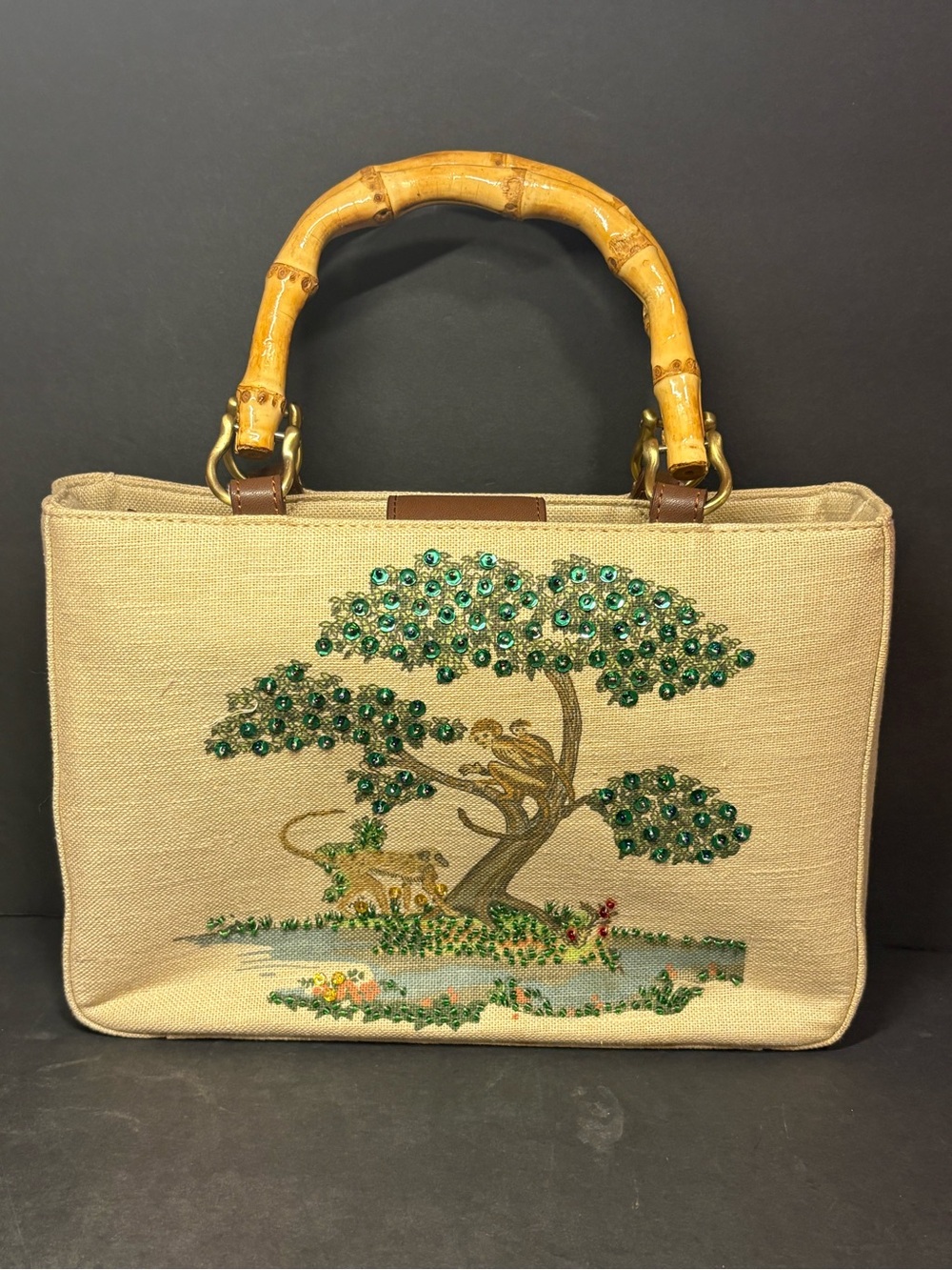 Vintage Y2K Relic Sequins Monkey Beige Canvas Handbag with Bamboo Handles